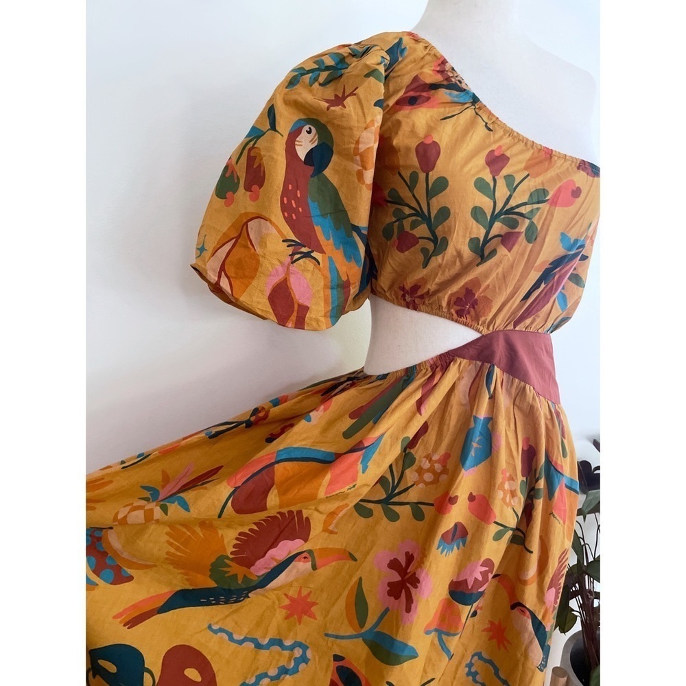 NWT Anthropologie Farm Rio Birds Leopard Floral One-Shoulder Maxi Cut Our Dress  - Picture 5 of 11